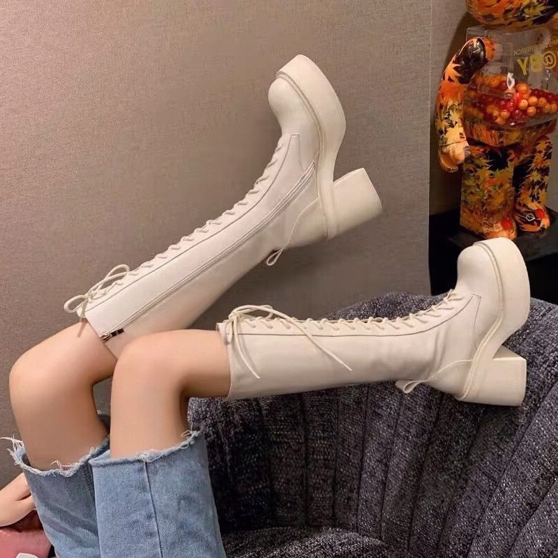 White  Boots Thick Bottom High - Pipe Bending Spring บทวิจารณ์และราคา