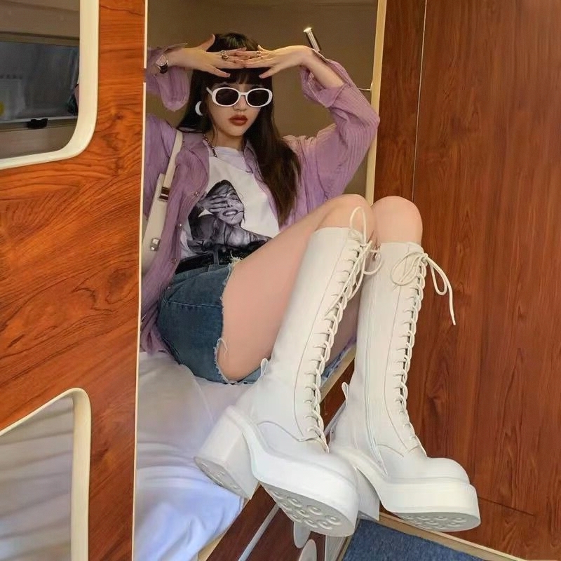 White  Boots Thick Bottom High - Pipe Bending Spring บทวิจารณ์และราคา